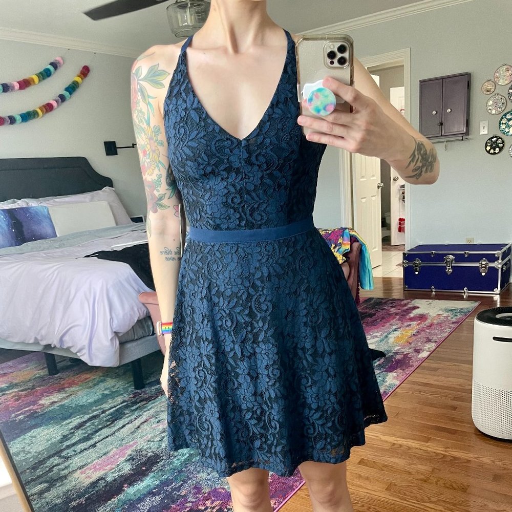Lulus Navy Blue Lace Backless Skater Dress - XS - NEW W/ TAGS